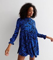 New Look Blue Zebra Print Jersey High Neck Frill Mini Smock Dress